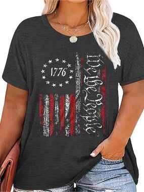 Women’s Plus “We the People” Charcoal Graphic Tee with 1776 Flag Print - 3XL